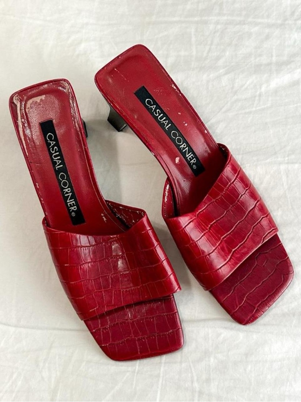 red kitten heel mules
